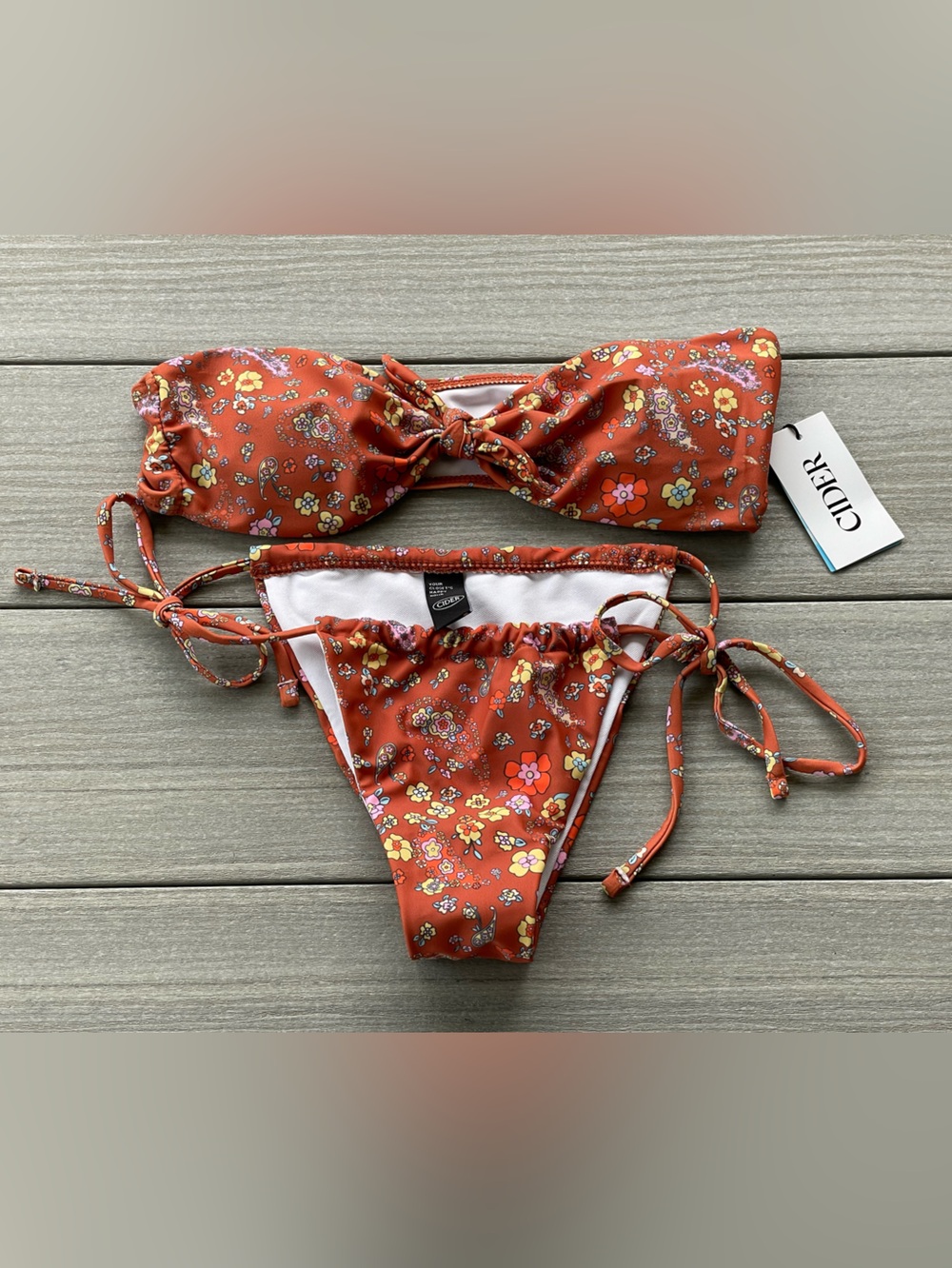 Cider Orange Floral Tie Bikini Set Size Small